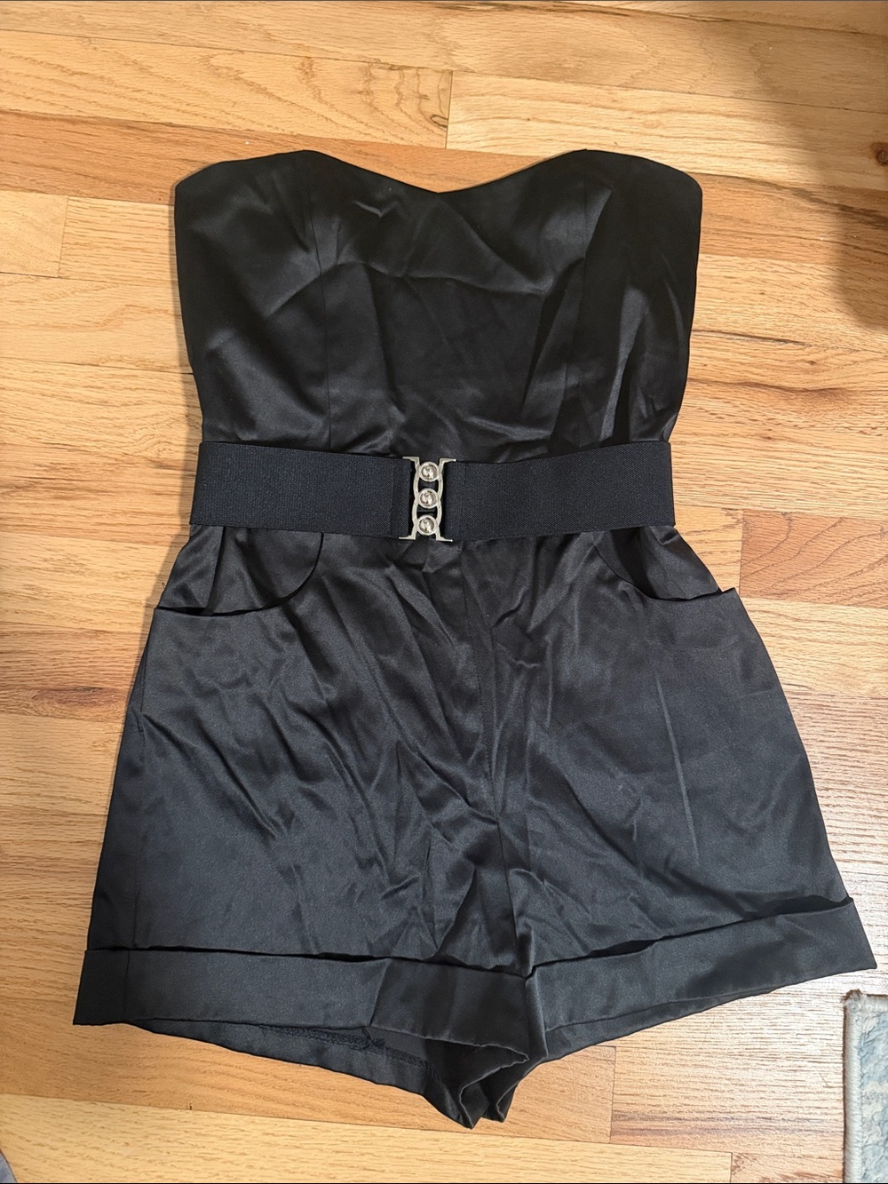Forever 21 Black Strapless Satin Romper with Elastic Buckle Waist